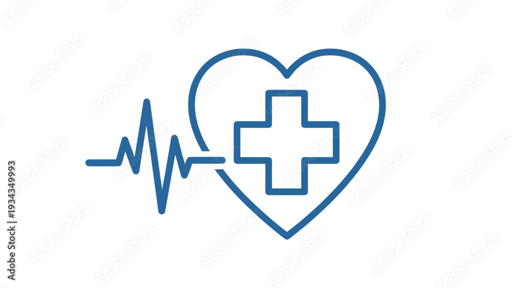 Obraz premium A blue heart symbol with a medical cross and a heartbeat line, representing health and care.
