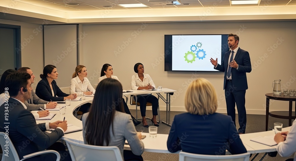 Fototapeta premium A confident man is presenting a business strategy to a group of diverse professionals in a modern conference room. He stands before a large screen displaying a graphic of gears.