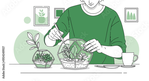 Person creating a terrarium with plants in geometric glass containers, minimalist line art