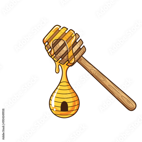 A wooden honey dipper with golden honey dripping down, forming a beehive shape.