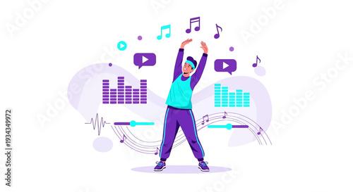 Person Dancing to Music with Sound Waves and Equalizer Graphics