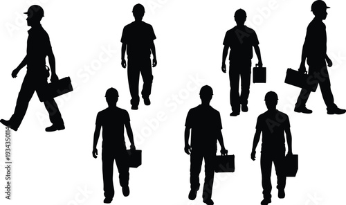 Construction worker silhouettes set, builders walking with toolbox in various front and side poses, professional industrial labor vector illustration isolated on white