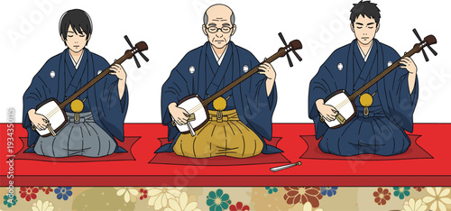 Traditional Japanese Shamisen Performance Illustration with Musicians in Kimono, String Instrument Concert on Red Stage Vector.
