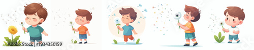 vector of a little boy blowing dandelion flowers in spring