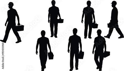 Construction worker silhouettes set, builders carrying toolbox in walking front and side poses, professional industrial labor vector illustration isolated
