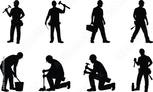 Construction worker silhouettes set, builders with hammer and toolbox in standing and kneeling poses, professional manual labor vector illustration isolated