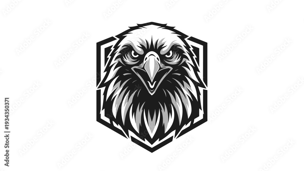 Obraz premium A striking black and white illustration of a fierce eagle's head within a hexagonal frame.
