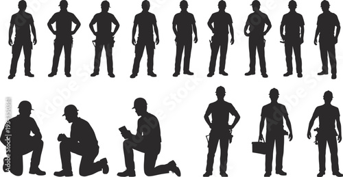 Construction worker silhouettes set, professional builders standing and kneeling with toolbox and helmet, industrial manual labor vector illustration isolated on white