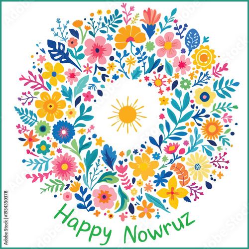 Colorful floral wreath illustration for happy nowruz celebration