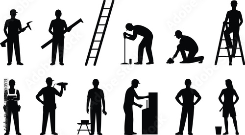 Construction workers and handyman silhouettes set, builders with tools ladder drill and equipment, home renovation and build