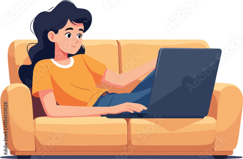 donna sdraiata sopra il divano mentre studia o legge al computer o lavora a smart in casa relax vettoriale 