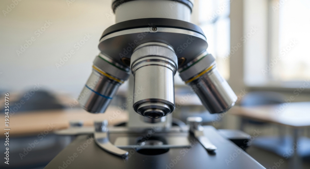 Fototapeta premium Close-up of a Microscope with Three Lenses, Symbolizing Scientific Exploration in a Classroom Setting