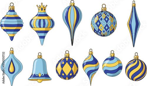 Christmas Ornament Set with Blue and Gold Glass Baubles, Festive Holiday Tree Decorations, and Winter Celebration Vector Art.