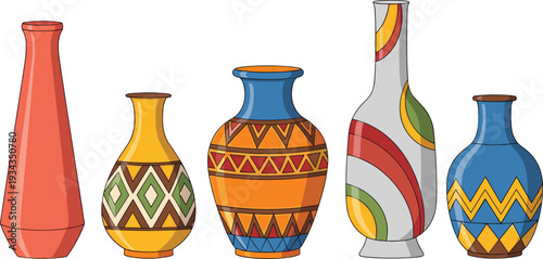 Colorful Ornamental Vase Set with Traditional Geometric Patterns, Decorative Ceramic Pottery, and Stylized Home Decor Vector Art.