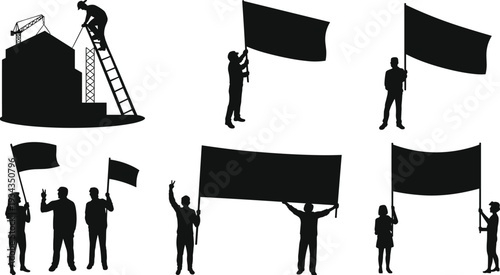Construction workers and protesters silhouette set, people holding blank banners and flags, builder on ladder at building site vector illustration collection