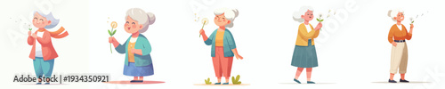 vector of a grandma blowing dandelion flowers in spring