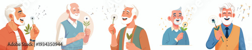 half body vector of a grandpa blowing dandelion flowers in spring