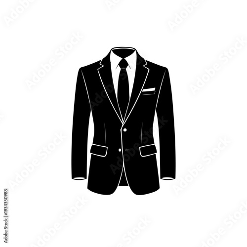 A stylish black suit with white accents and a matching tie