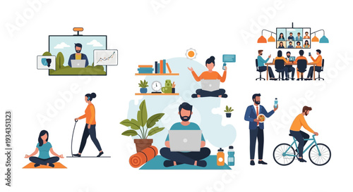 Work-Life Balance: Remote Work, Hybrid Workplace, Digital Collaboration, and Healthy Lifestyle Vector Illustration