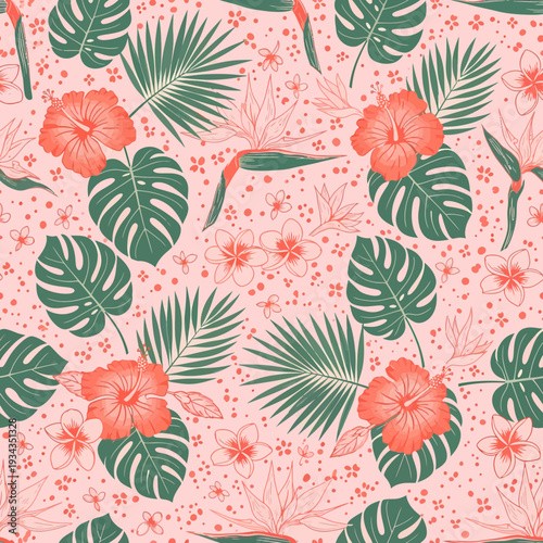 Tropical Hibiscus Flowers and Monstera Leaves Pattern.