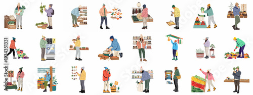 Quadro su tela Diverse shoppers in warm clothing buying fresh vegetables, fruits, and specialty foods at a vibrant winter market or Asian grocery store