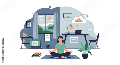 Work-Life Balance: Woman Meditating, Bridging Digital Office and Peaceful Home Life with Nature