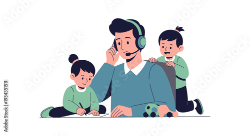 Dad Working From Home While Kids Play: Remote Work and Family Life Balance Illustration