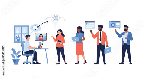 Modern Business Concepts: Remote Work, Digital Collaboration, Data & Strategy with Diverse Professional Team Illustration