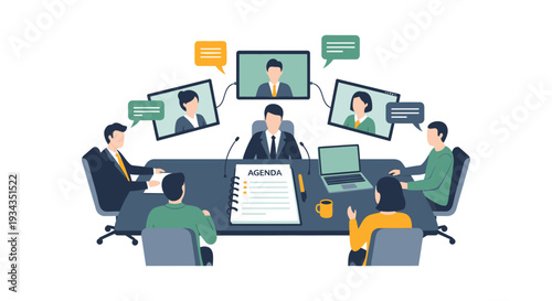 Hybrid Business Meeting with Virtual and In-Person Participants Discussing Agenda