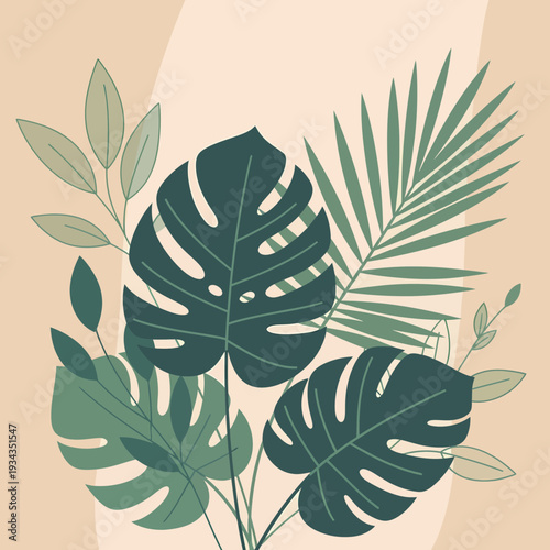 Tropical Monstera and Palm Leaves Illustration.