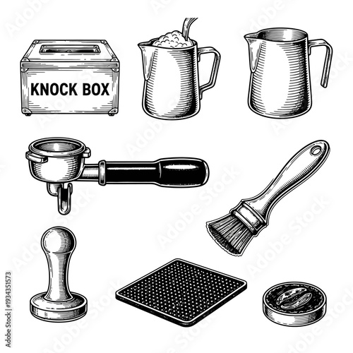 Coffee shop tools set illustration in black and white style isolated