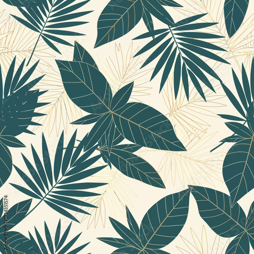 Tropical Leaf Pattern With Palm Fronds and Monstera.