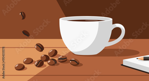Coffee cup with beans on table ready for enjoyment close up vector