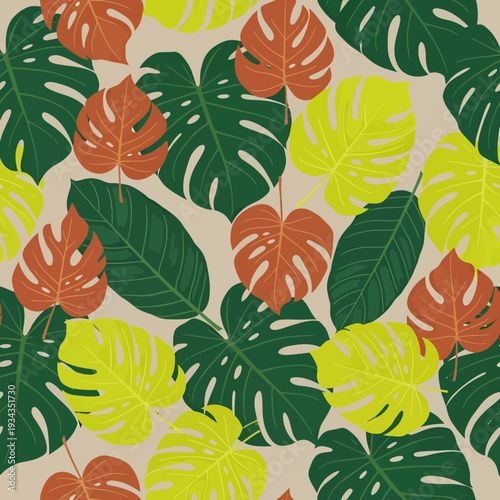 Vibrant Tropical Leaf Pattern Featuring Monstera and Palms.
