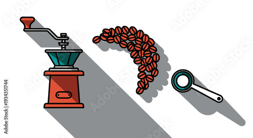 Coffee grinder and beans with spoon illustration on white background