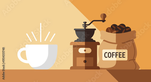Coffee grinder and beans with cup illustration on a brown background