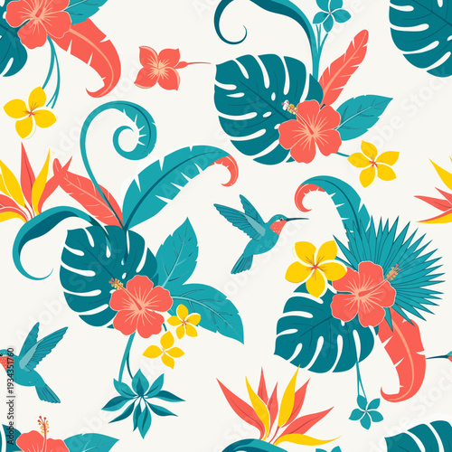 Vibrant tropical leaves and hibiscus pattern.