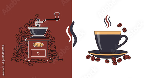 Coffee grinder and cup illustration with roasted beans and steam graphic