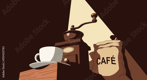 Coffee grinder and cup illustration with vintage style and dramatic lighting