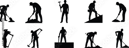 Excavation and construction worker silhouettes set, men digging shoveling and breaking ground with tools, manual labor vector illustration collection