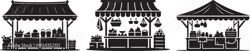 Three distinct black silhouettes of bustling market stalls filled with fresh produce and various goods