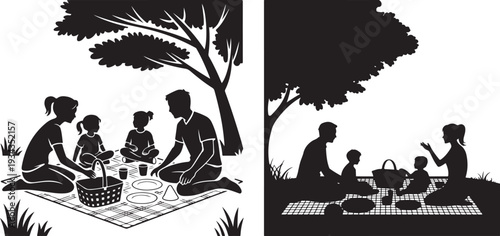 Two black silhouettes of families enjoying a picnic outdoors under a large shaded tree with food
