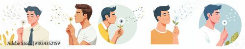 half body vector of a man blowing dandelion flowers in spring