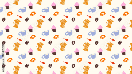 Colorful Coffee Seamless Pattern with Moka Pot, Cups and Beans in Modern Mediterranean Style