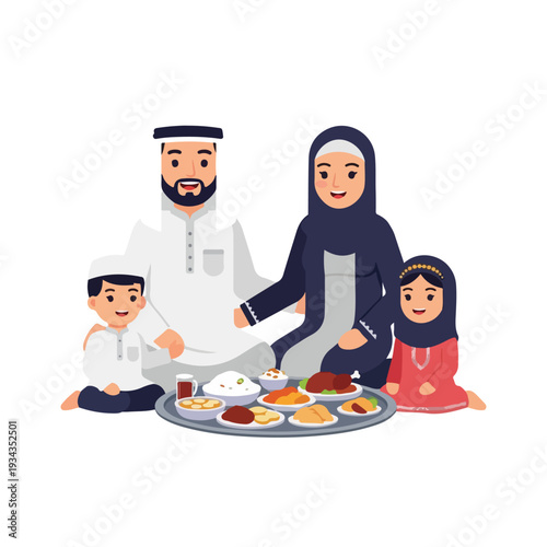 Muslim family gathering around food platter on the floor