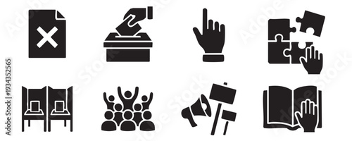 Election and Democracy Icons – Voting Ballot, Protest Crowd, Referendum and Civic Participation Vector Set