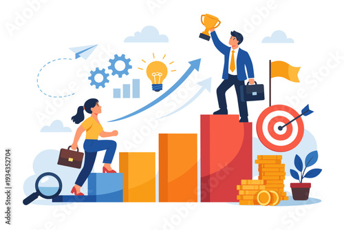 Business people climbing stairs towards success with trophy and target