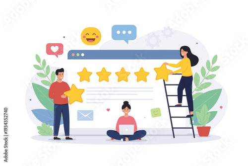 Customer satisfaction survey with star ratings and positive feedback icons