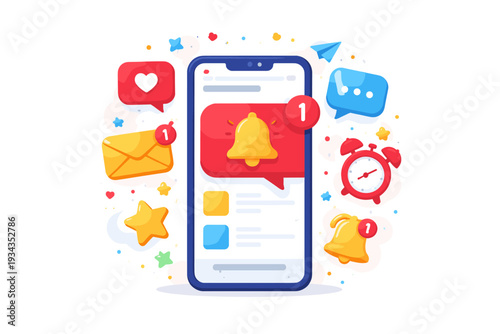 Smartphone displaying notifications with icons for messages, likes, and alerts