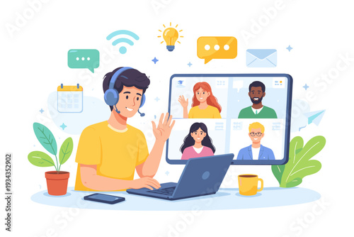 Engaging video conference illustration with a cheerful participant